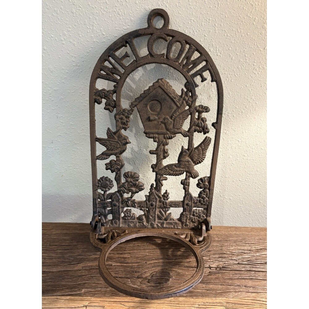 Welcome Cast Iron Garden Wall Mounted Plant Hanger Used - Picture 2 of 8
